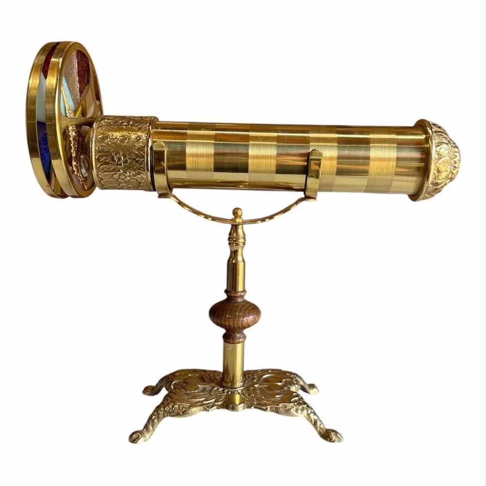 Brass Tabletop Kaleidoscope Ornate Stand Multicolor Stained Glass Wheel Taiwan